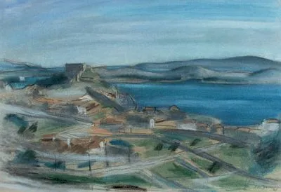 Jansen, Franz Maria: Villaggio con rovina sopra il lago