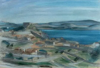 Jansen, Franz Maria: Pueblo con ruina sobre el lago