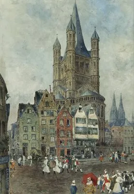 Rüdell, Carl: Karneval i Kölns gamle bydel foran Groß St. Martin og Kölner Dom