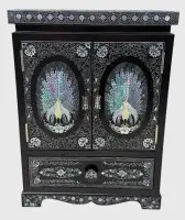 Lille kinesisk smykkekabinet, lakarbejde med perlemor-indlæg, ny i original emballage, erhvervet 1974, aldrig brugt, højde 32 cm, 23x13 cm