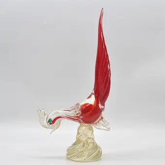 Archimede Seguso. Murano-glasskulptur, fugl, flerlaget studioglas, guldfolie, Italien, omkring 1950