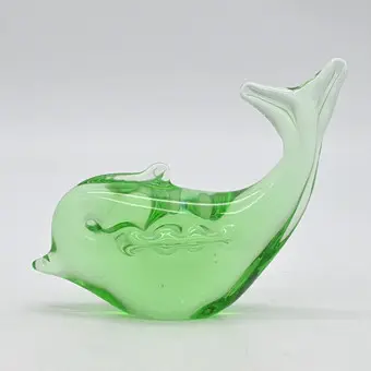 Murano glas skulptur, "delfin", grøn og transparent, vintage, ca. 11 cm.