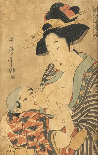Vier Farbholzschnitte mit Damendarstellungen von Utamaro, Eizan u.a.