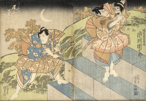 Diptiek van Kunisada en groep houtsnedefragmenten, herdrukken en boekpagina's