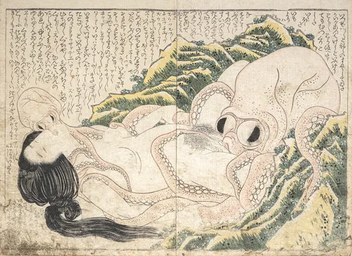 Groupe de pages de livre, dont des représentations shunga, en partie de Hokusai