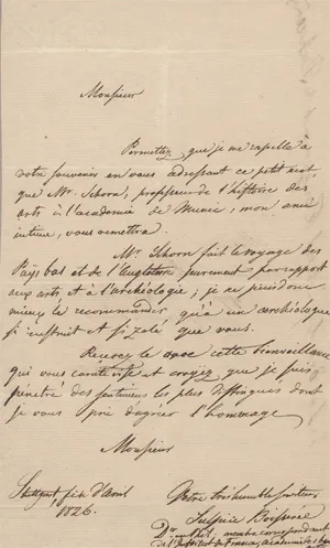 Boisserée, Sulpiz – Lettre de recommandation pour Ludwig Schorn. 1826