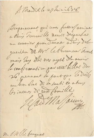Mazarin, Jules Kardinal – Eigenhändiger Brief an den Abbé Fouquet. 1658