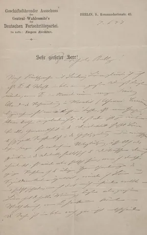 Richter, Eugen – Brief an einen Parteigenossen. 1877