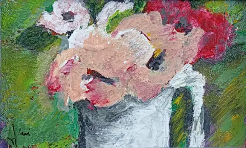 JANI. "Blomster i vase", akryl på plade.