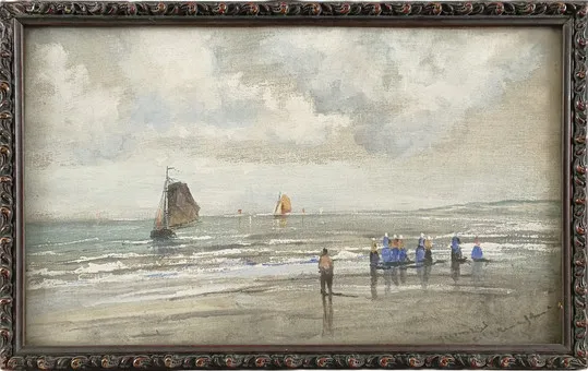 佚名艺术家。海滩上的渔妇，布面油画，19世纪末/20世纪初。