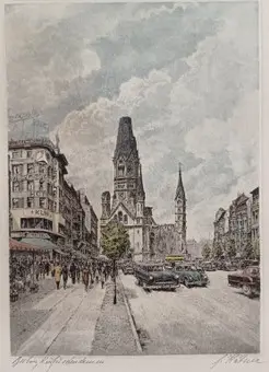 KÄTNER, FRIEDRICH. – Berlin, Kurfürstendamm med Kaiser-Wilhelm-Gedächtniskirche, midten av 1900-tallet, kolorert radering på papir.