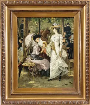 Ukjent kunstner. Elegant selskap utendørs, olje på lerret, 1900-tallet.