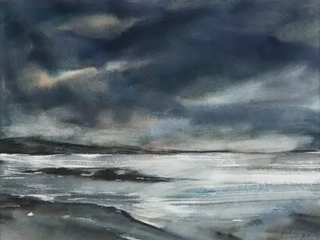 Menger, Helga. "An der See-Abendstimmung", akvarel på papir