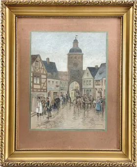 Frankenbach, Carl Jacob。1850年前的威斯巴登钟楼，纸上水彩。