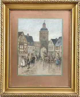 FRANKENBACH, CARL JACOB. Der Uhrturm in Wiesbaden zur Zeit vor 1850, Aquarell auf Papier.