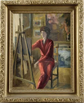 未知艺术家(20世纪)- 工作室中的女艺术家,纤维板油画