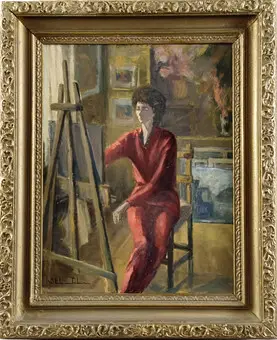 UNBEKANNTE/R KÜNSTLER/IN. (20. Jh.) - Künstlerin in ihrem Atelier, Öl auf Faserplatte.