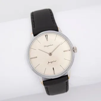 Dugena 手表，Jongster 型号，1950 或 1960 年代，黑色皮表带。