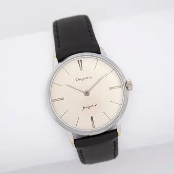Orologio da polso Dugena, modello Jongster, anni 1950 o 1960, cinturino in pelle nera.