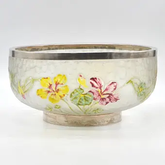 LEGRAS & CIE, jugendstilskål med blomsterdekor, ætset glas, emalje, nysølvrand, Frankrig (St. Denis), omkring 1900, med bundmærke.