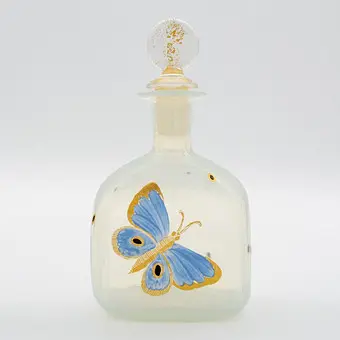 Parfumeflaske med passende glasprop, »Salir Murano« / Buccellati, håndmalet, sommerfuglemotiv.