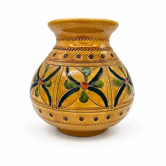 Keramikkvase Italia sgraffito-stil gul med dekor 1950-1970-årene