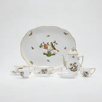 Herend,摩卡咖啡具部件,装饰 'Rothschild Vögel',瓷器,20世纪,匈牙利。(9)。