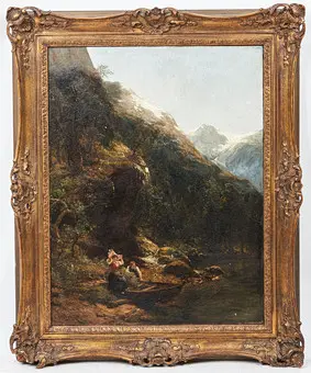 Carl August H. Oesterley. لوحة، زوجان شابان عند بحيرة جبلية، 1891.