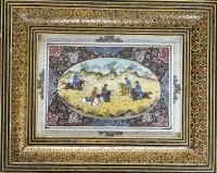 波斯细密画，山地景观前的骑兵，精美镶嵌画框/玻璃，RG 25.5x20.5厘米