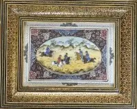 波斯细密画，山地景观前的骑兵，精美镶嵌画框/玻璃，RG 25.5x20.5厘米