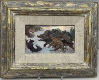 签名难以辨认 (Jungl...) 野猪狩猎,油彩/纸板,带框,尺寸 24x31.5 厘米,背面有草图