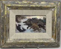 签名难以辨认 (Jungl...) 野猪狩猎，油彩/纸板，带框，尺寸 24x31.5 厘米，背面有草图
