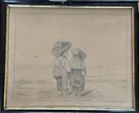B. Bartling, Brhv. 1875 "Badeausflug"，手绘，背面有题字，装框/玻璃，框尺寸32,5x27 cm