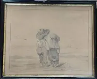 B. Bartling, Brhv. 1875 "Badeausflug", håndtegning, påskrevet på bagsiden, indrammet/glas, rammemål 32,5x27 cm