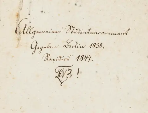 Berlin – Allgemeiner Berliner Studenten-Comment. Berlin 1838. Revideret 1847. Tysk håndskrift på papir. Berlin, omkring 1850. 20 blade.…