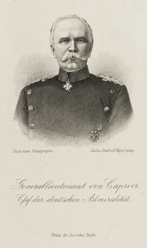 Caprivi, Leo v. (militær) – egenhændig underskrift på en ensidet udnævnelsesakt skrevet af skriver. På brevpapir "Chef der Admiralität". Berlin, 19. februar 1884. 33 x 21 cm. Dobbeltark (noget brunet, foldet). Caprivi blev chef for Admiralitetet i 1883 og preussisk statsråd i 1884. Her udnævnelsen af den senere berømte og berygtede storadmiral (von) Tirpitz til kommandør for (den gamle) SMS Blücher. Den tjente overvejende torpedouddannelsen inden for den tys…