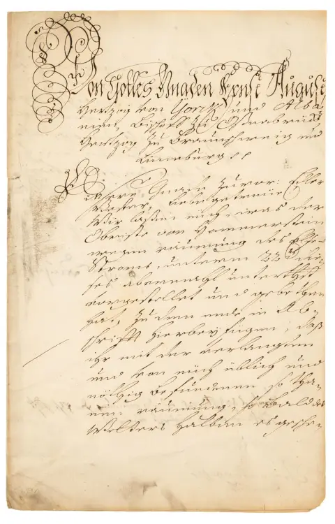 Ernst August II, hertug af Braunschweig og Lüneburg. Biskop af Osnabrück – brev med egenhændig underskrift. 2 s. på kansellipapir.