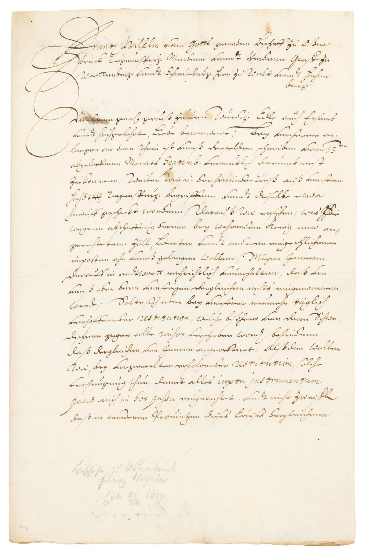 Franz Wilhelm von Wartenberg, évêque d'Osnabrück – lettre avec signature autographe, Cologne 1650
