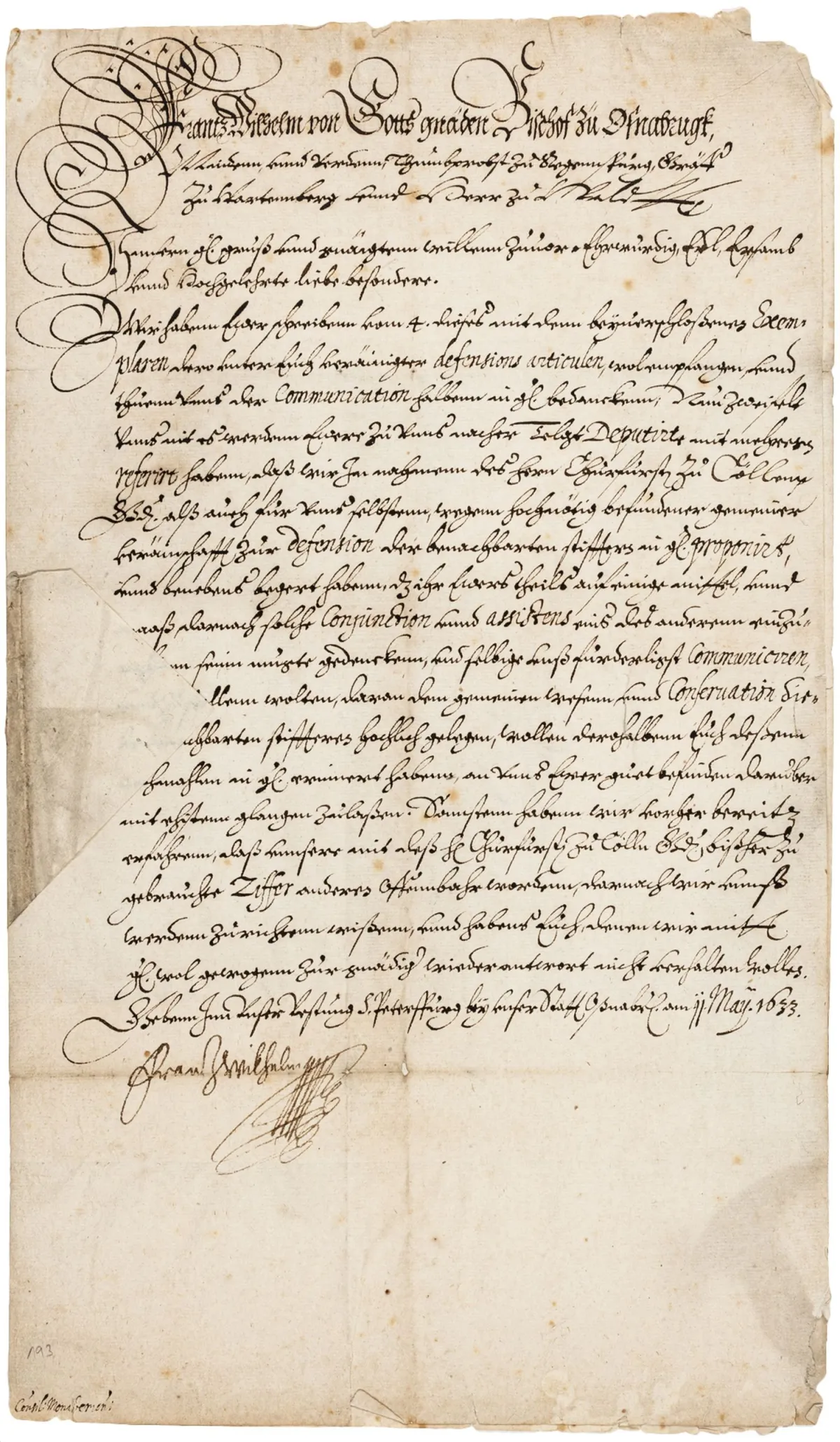 Franz Wilhelm von Wartenberg. Bischof von Osnabrück – "Frantz Wilhelm von Gotts gnaden Bischof zu Osnabrugk, Minden und Verden ... Wir…