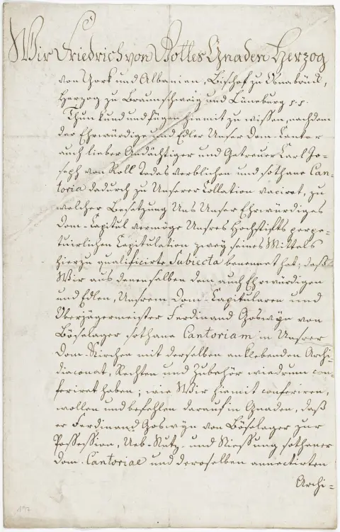 Frederik, hertug af York. Biskop af Osnabrück – brev med egenhændig underskrift. York 3. sept. 1790. 1,5 s. 32 x 20 cm. Udnævnelse…