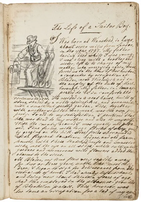 Leech, Samuel – The Life of a Sailor Boy. Engelsk håndskrift på papir. Med indgangsvignet og 5 bladstore skibstegninger i blyant.