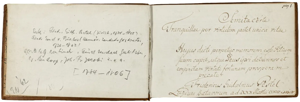 Liber amicorum – C. F. Pestel 的友人纪念册。1783年。1784-1806年。78页，其中55页正反面部分书写。含1幅整页水墨画（日期1786年）和1幅水墨画小插图。12 x 19厘米。当代小牛皮装帧，丰富烫金，封面烫金书名，三面金边和彩色插图衬页（轻微磨损）。Konrad Friedrich Pestel（莱顿）的友谊纪念册，法学家之子之一