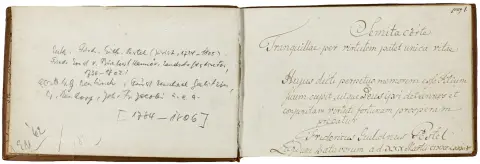 Liber amicorum – Album Amicorum C. F. Pestel. År 1783. 1784-1806. 78 blad, hvorav 55 delvis beskrevet på for- og bakside. Med 1 bladstor tusjtegning (datert 1786) og 1 vignett i tusj.