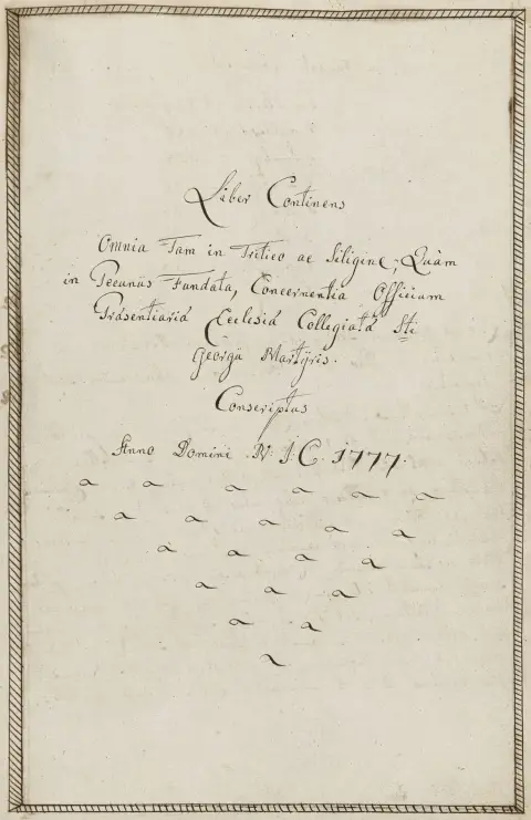 Liber Continens Omnia Tam in Tritico ac Siligine – , quam in Pecunis Fundata, Concernentia Officium Praesentariae Ecclesiae Collegiatae St. Georgii Martyris. Nedskrevet i Herrens år ... 1777. Håndskrift.
