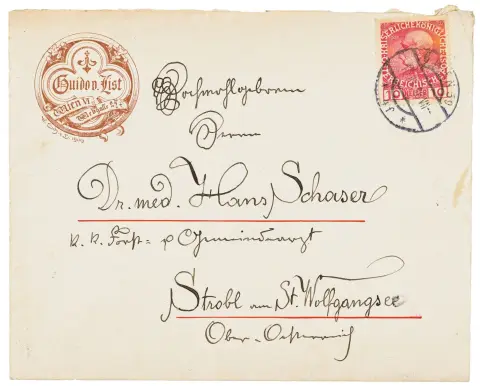List, Guido v – Egenhændigt, helsides brev i rødt og sort til Dr. med. H. Schaser. Wien, 9.9.1916. På eget brevpapir, med…