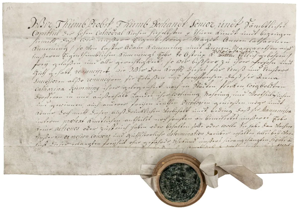 Nicolai, Friedrich – Acte d'affranchissement pour Anna Catharina Kümming d'Astrup, manuscrit sur parchemin, Osnabrück 1736