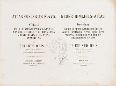 Astronomi – Heis, Eduard. Neuer Himmels-Atlas. Darstellung der im mittleren Europa mit blossem Auge sichtbaren Sterne nach ihrer wahren,…