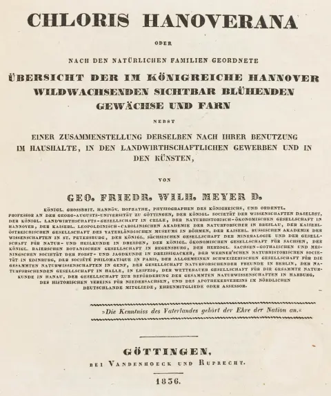 Biologi - Botanik – Meyer, Georg Friedrich Wilhelm. Chloris Hanoverana eller oversigt ordnet efter naturlige familier over de i…