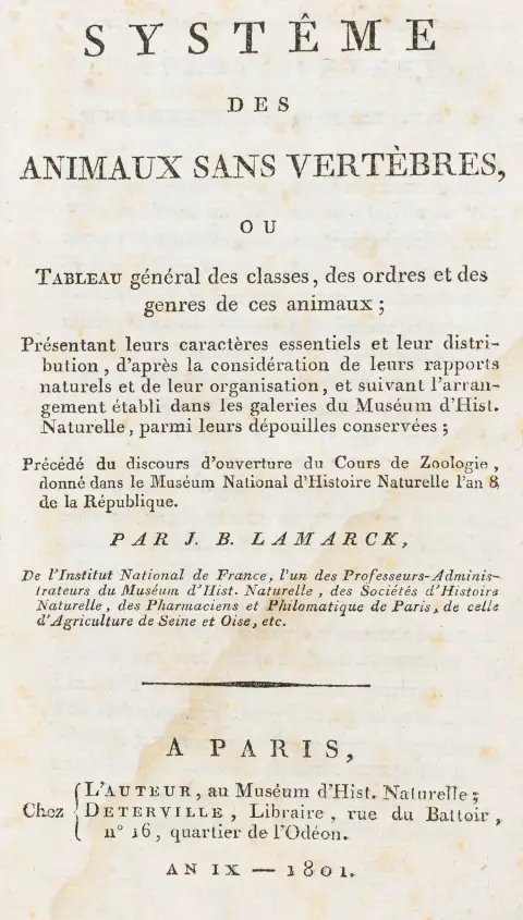 Biologi - Zoologi – Lamarck, Jean Baptiste. Systême des animaux sans vertèbres, ou tableau général des classes, des ordres et des genres…