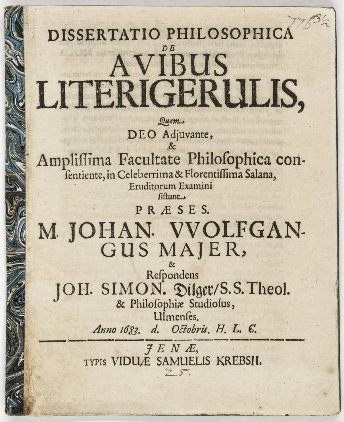 Biologie - zoologie – Maier, Johann Wolfgang. Dissertatio Philosophica De Avibus Literigerulis. Quam ... Examini sistunt Praeses M. Johan.…